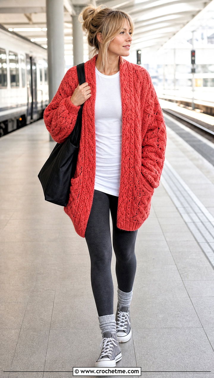 Chunky Cocoon Taylor Swift Crochet Cardigan With Leggings - 35 crochet taylor swift cardigan outfit ideas