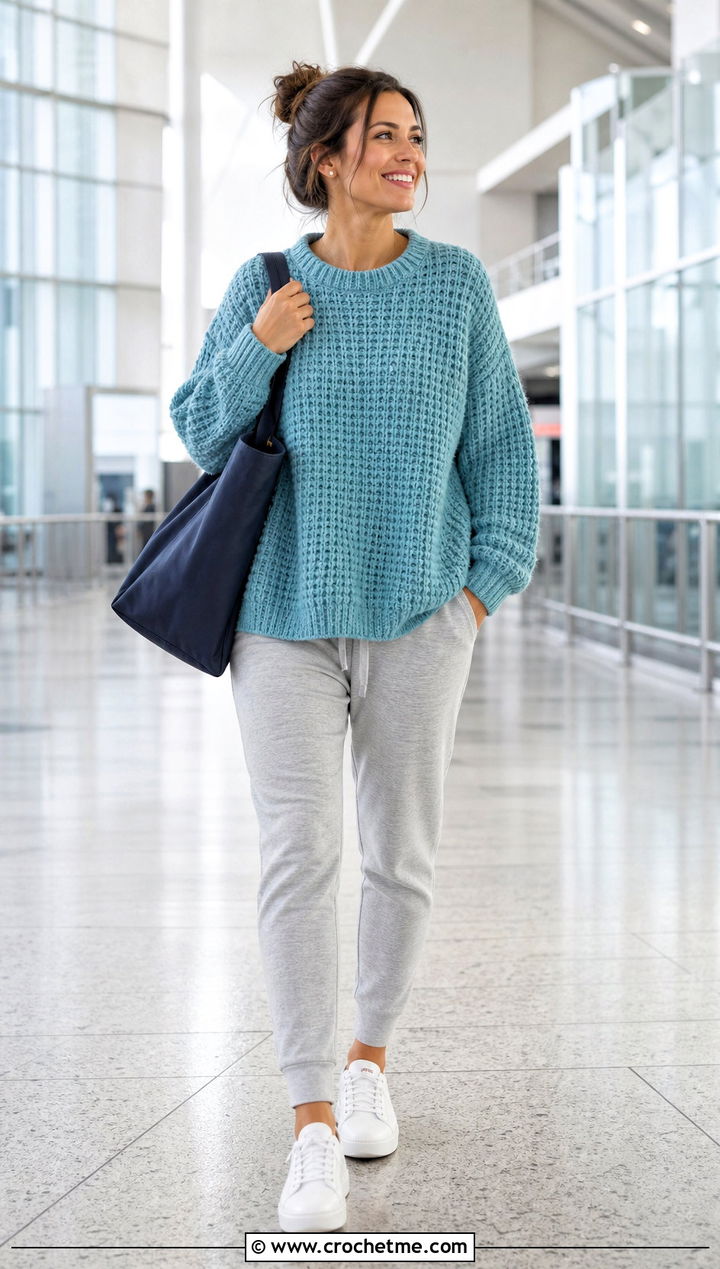 Chunky Cocoon Waffle Stitch Crochet Sweater With Joggers - 30 waffle stitch crochet sweater outfit ideas