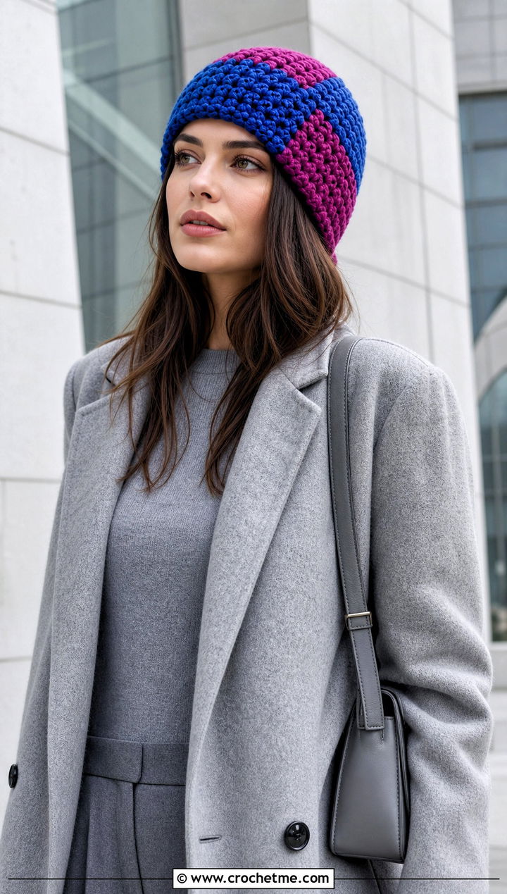 Chunky Color Block Crochet Beanie With Monochrome Outfit - 25 Easy Chunky Crochet Hat outfit ideas