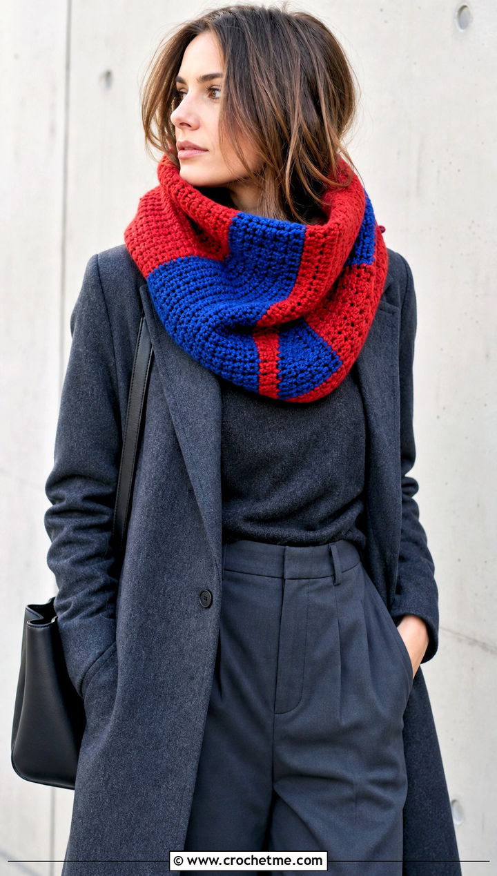 Chunky Color Block Crochet Cowl With Monochrome Outfit - 30 chunky crochet cowl outfit ideas