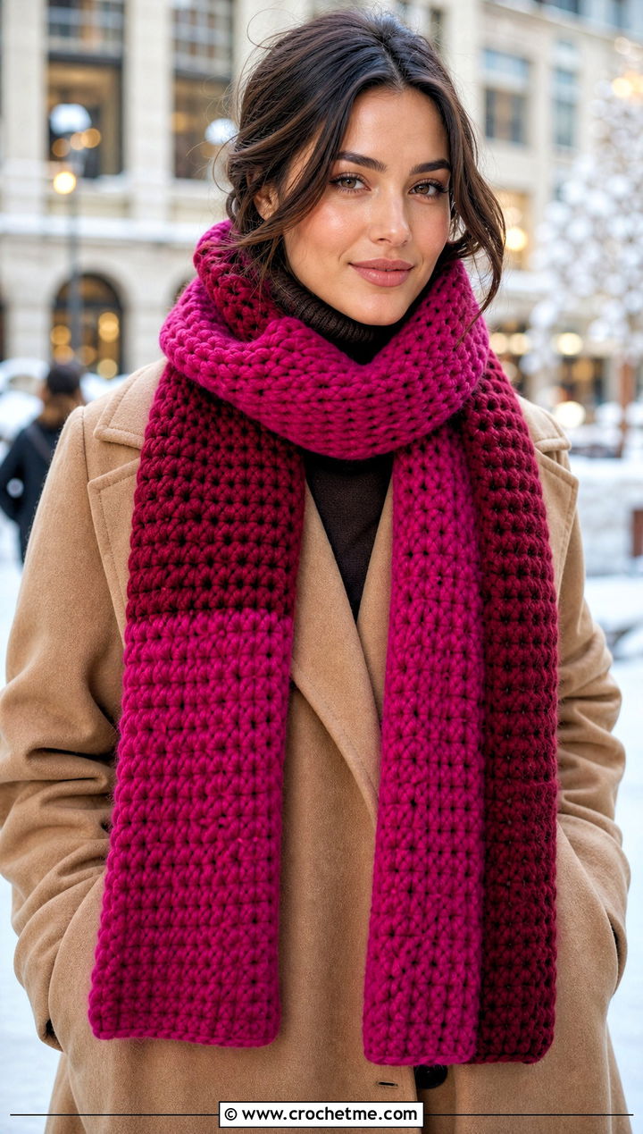 Chunky Color Block Crochet Crayon Scarf With Wool Coat - 15 Crochet Crayon Scarf outfit ideas