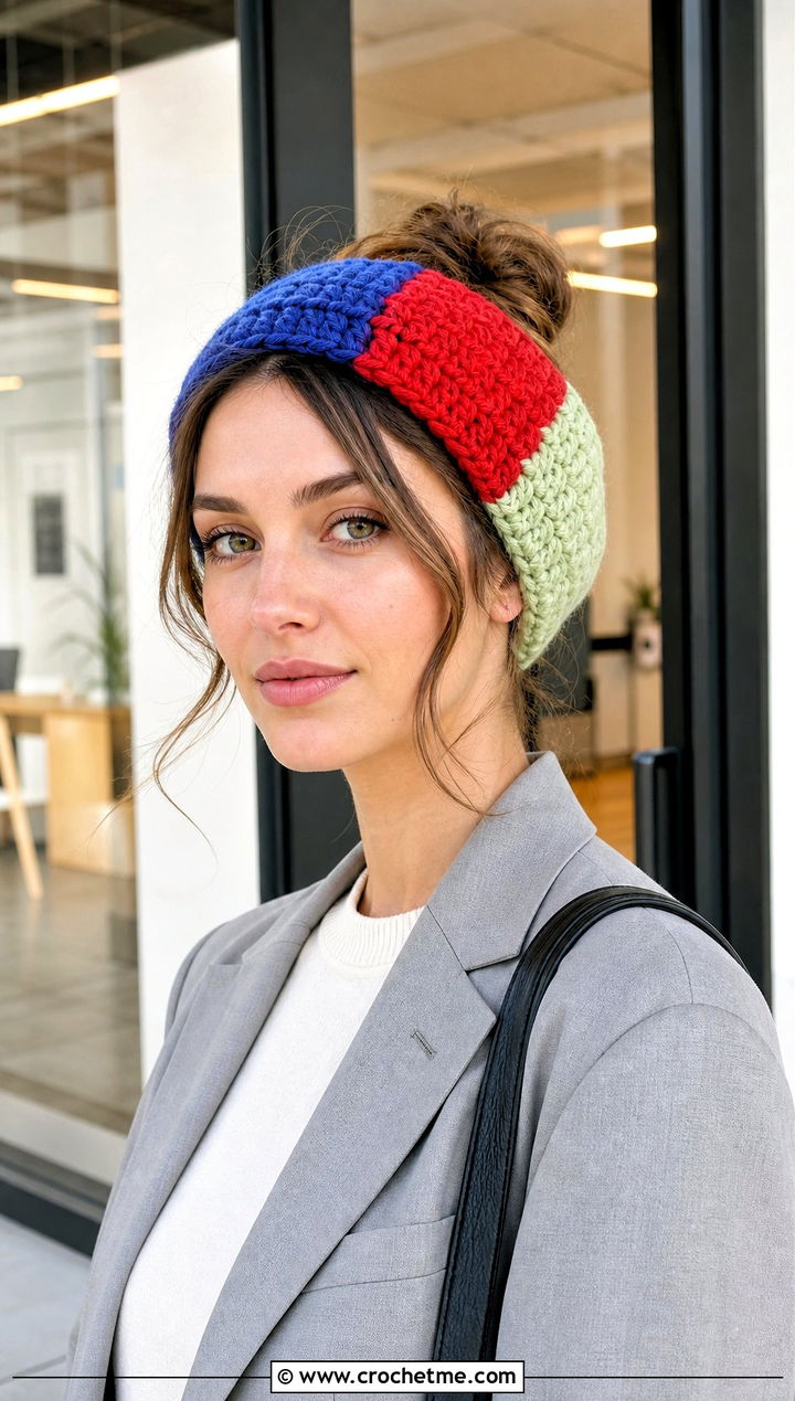 Chunky Color Block Crochet Ear Warmer With Neutral Suit - 30 chunky yarn crochet ear warmer outfit ideas
