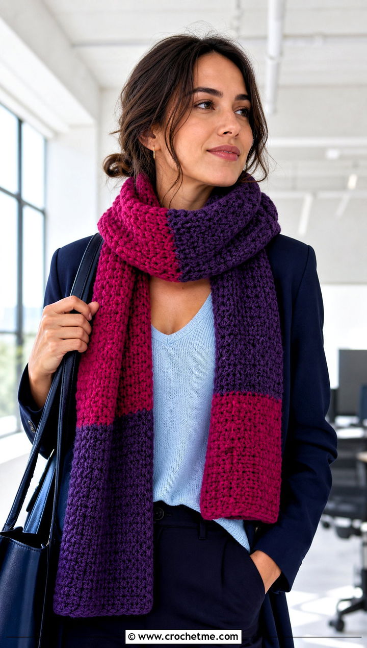 Chunky Color Block Crochet Scarf With Blazer - 25 Chunky Yarn Crochet Scarf outfit ideas