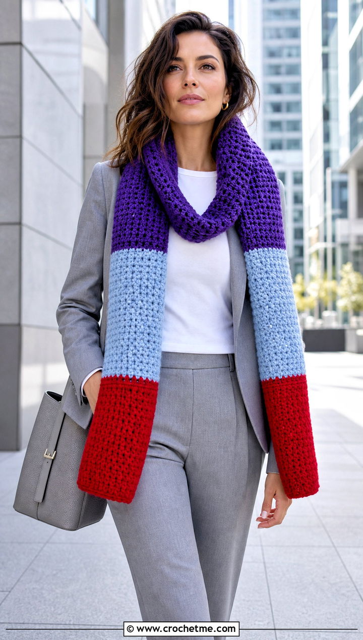 Chunky Color Block Crochet Scarf With Monochrome Pantsuit - 15 Thick Crochet Scarf outfit ideas