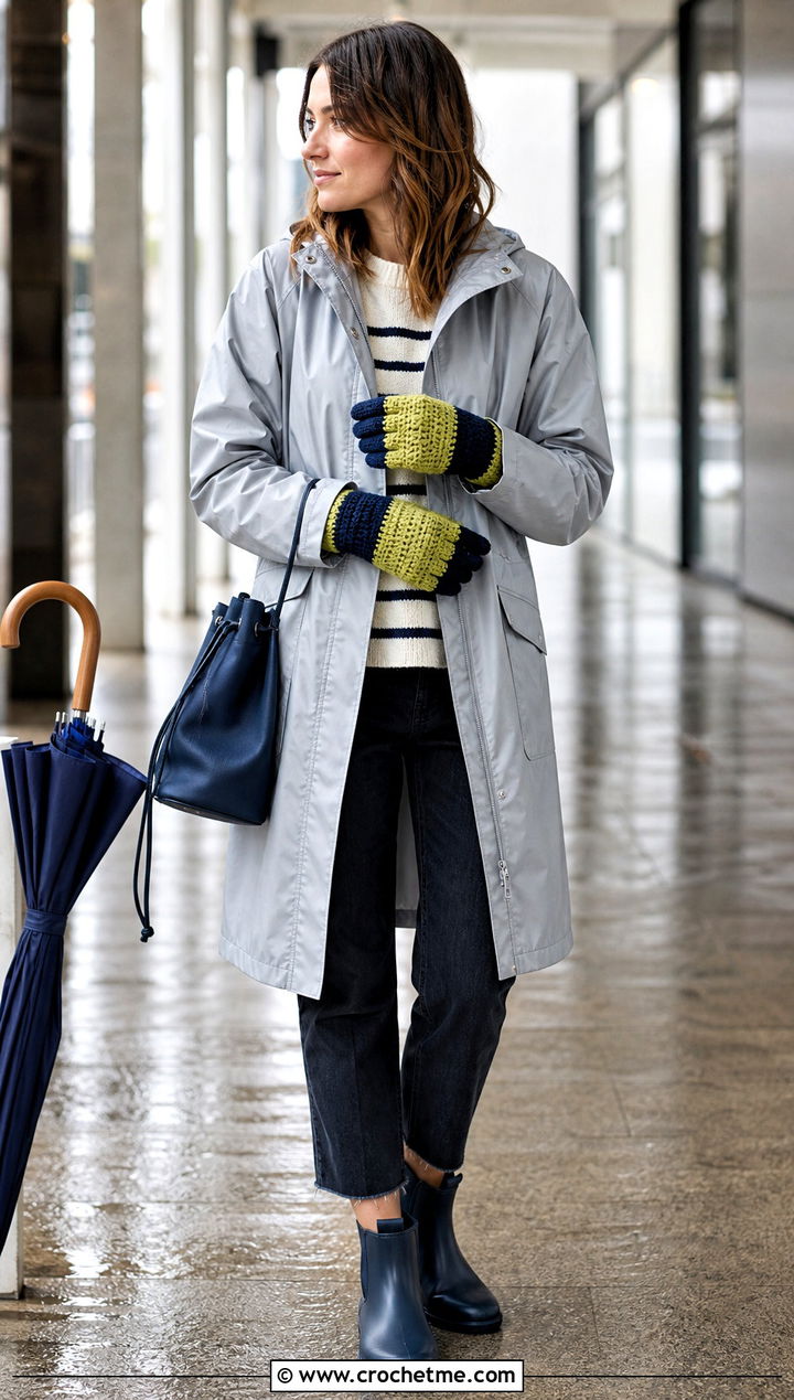 Chunky Color Block Gloves With Raincoat - 25 Chunky Crochet Gloves outfit ideas