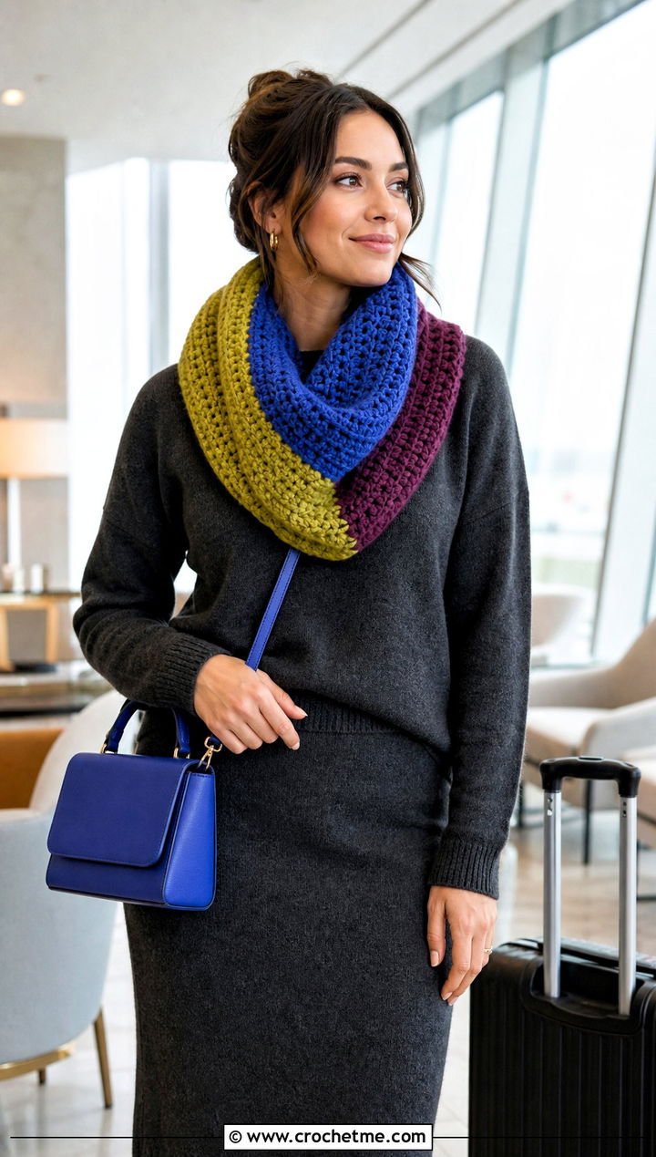 Chunky Color Block Infinity Scarf With Monochrome Knit Outfit - 20 Chunky Crochet Infinity Scarf outfit ideas