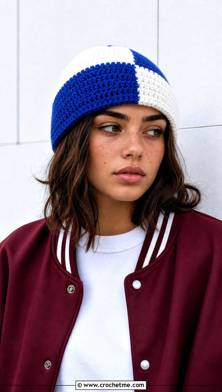 Chunky Colorblock Crochet Beanie With Varsity Jacket - 30 chunky yarn crochet hat outfit ideas