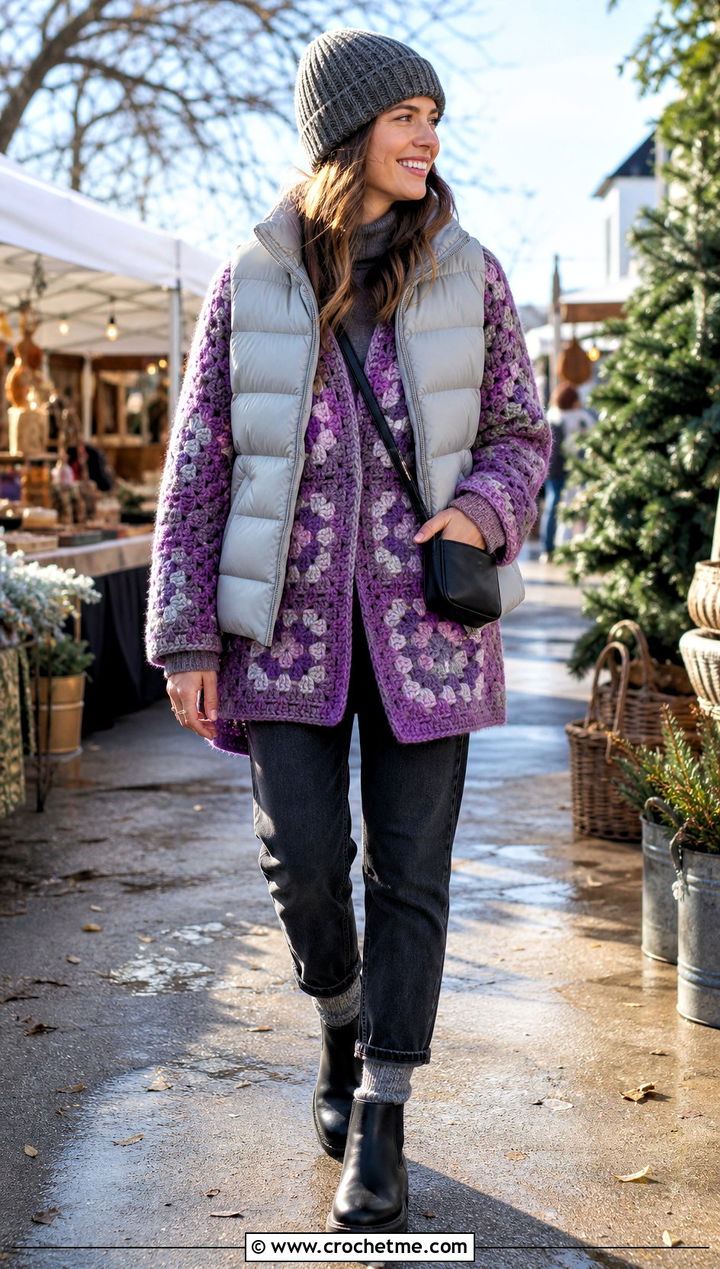 Chunky Continuous Granny Square Cardigan With A Puffer Vest - 25 continuous granny square cardigan outfit ideas