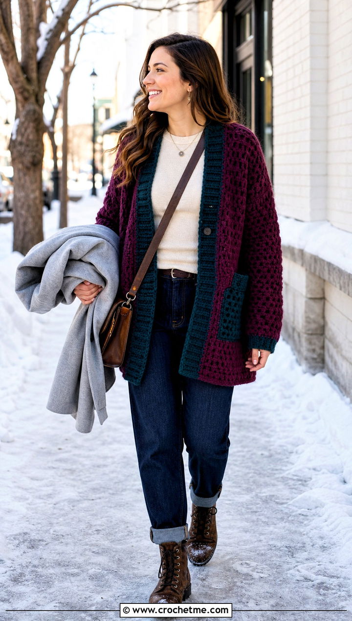 Chunky Contrast Pocket Crochet Cardigan With Winter Layers - 30 two color crochet cardigan outfit ideas