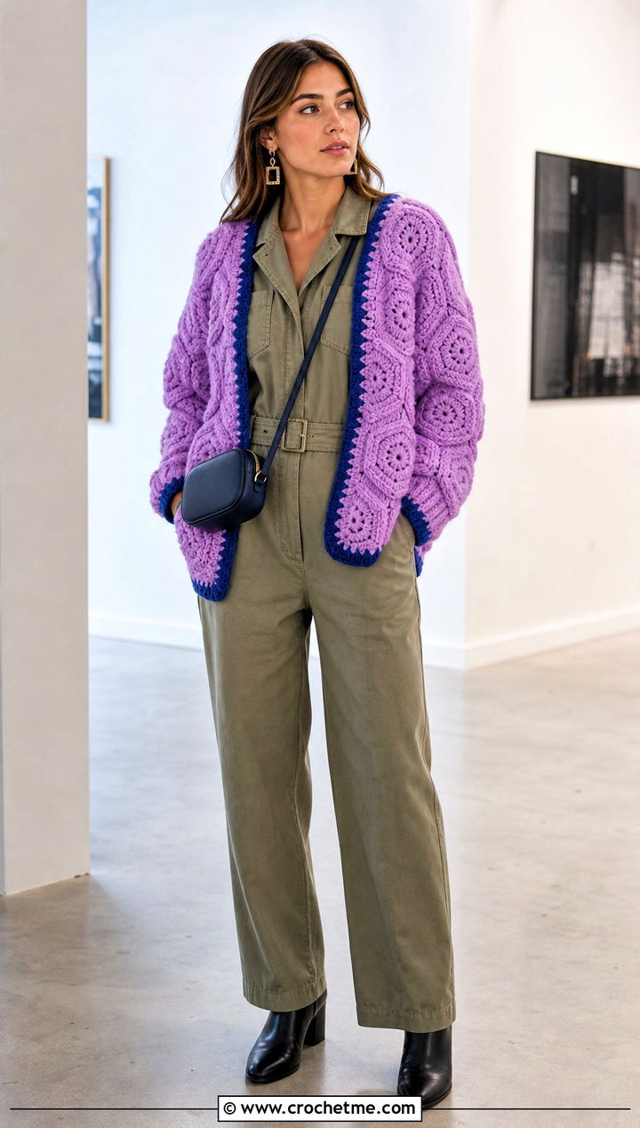 Chunky Contrast Trim Hexagon Cardigan With Utility Jumpsuit - 30 chunky crochet hexagon cardigan outfit ideas