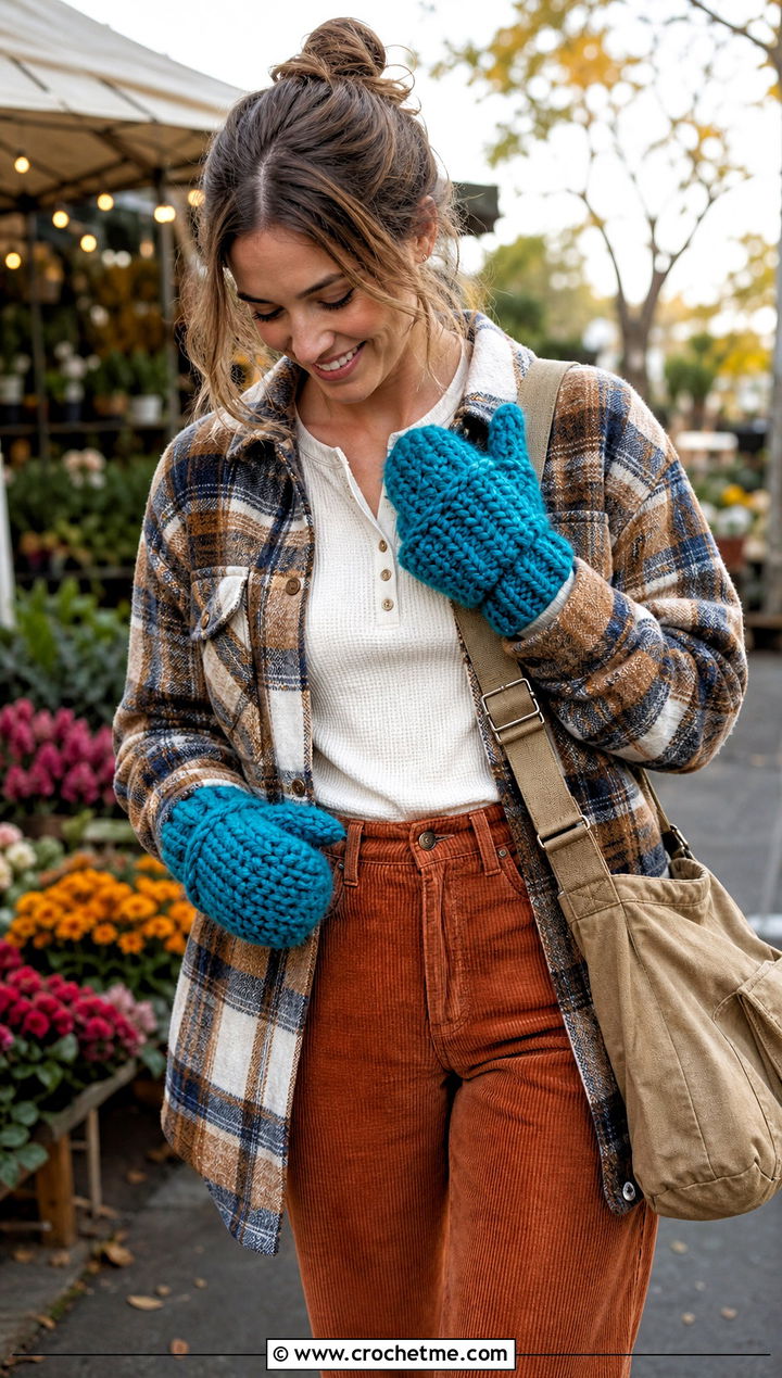 Chunky Convertible Mittens With Shacket and Corduroy Pants - 20 Convertible Crochet Gloves outfit ideas