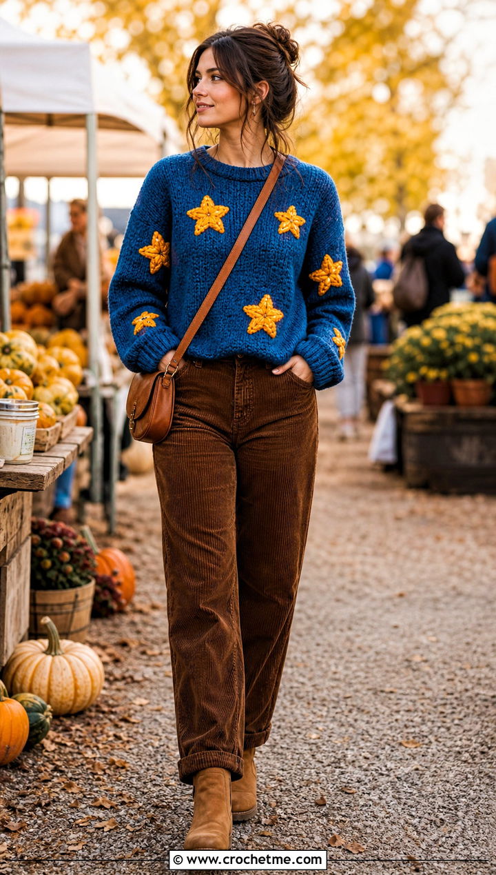 Chunky Coraline Star Crochet Sweater With Corduroy Pants - 25 Coraline Star Crochet Sweater outfit ideas