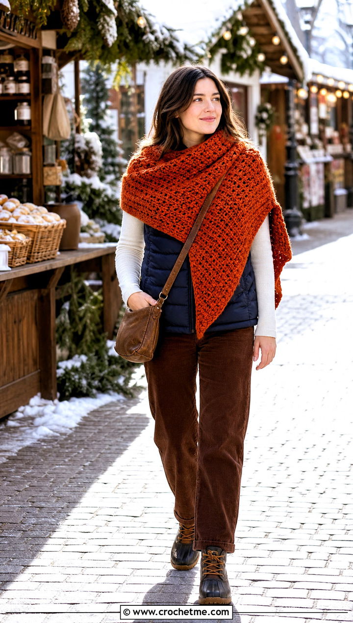 Chunky Corner To Corner Crochet Shawl With Puffer Vest - 15 Corner To Corner Crochet Shawl outfit ideas