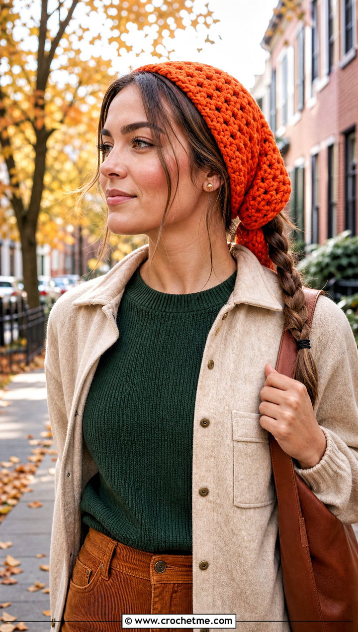 Chunky Cotton Crochet Head Scarf With Sweater and Corduroy Pants - 25 Crochet Boho Head Scarf outfit ideas