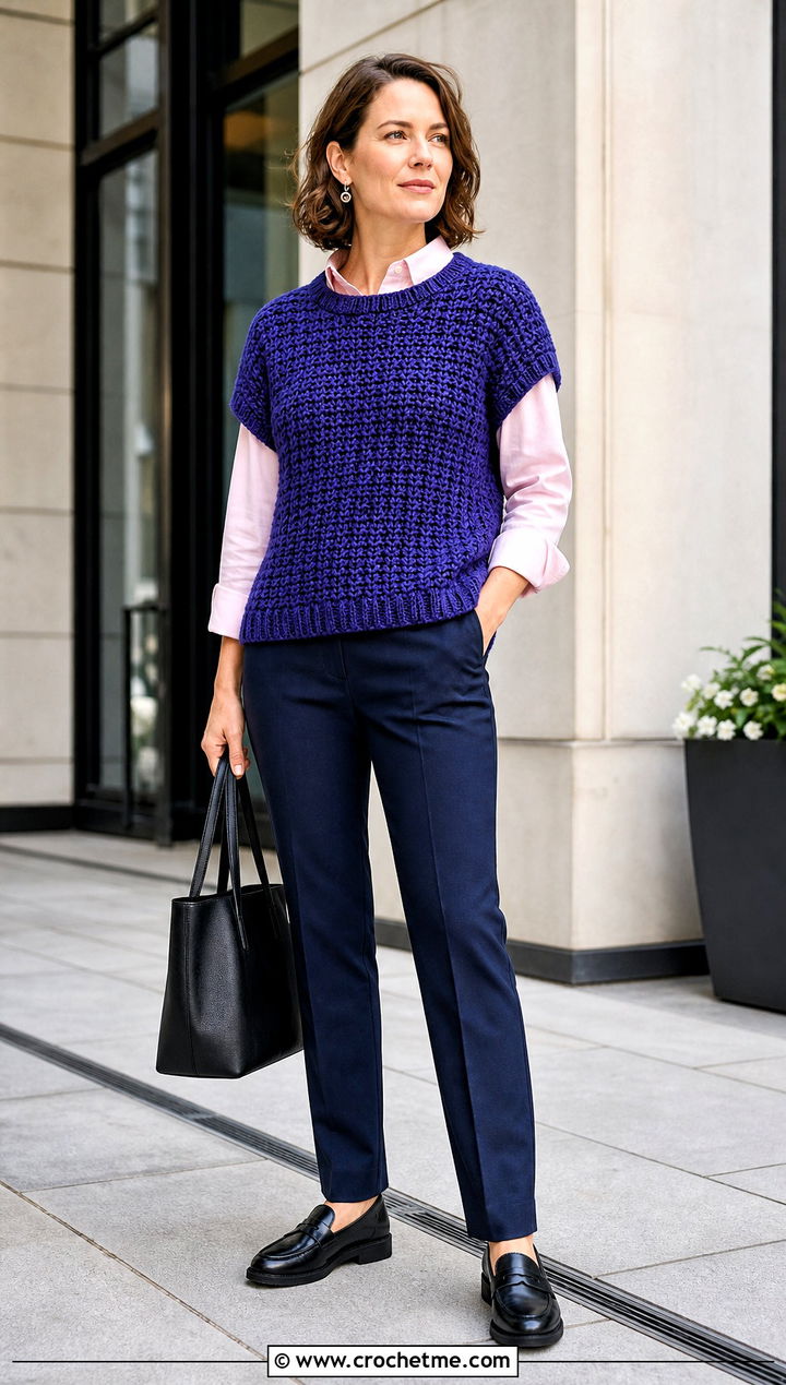 Chunky Cotton Crochet Short Sleeve Sweater Over Button Down Shirt - 25 Crochet Short Sleeve Sweater outfit ideas