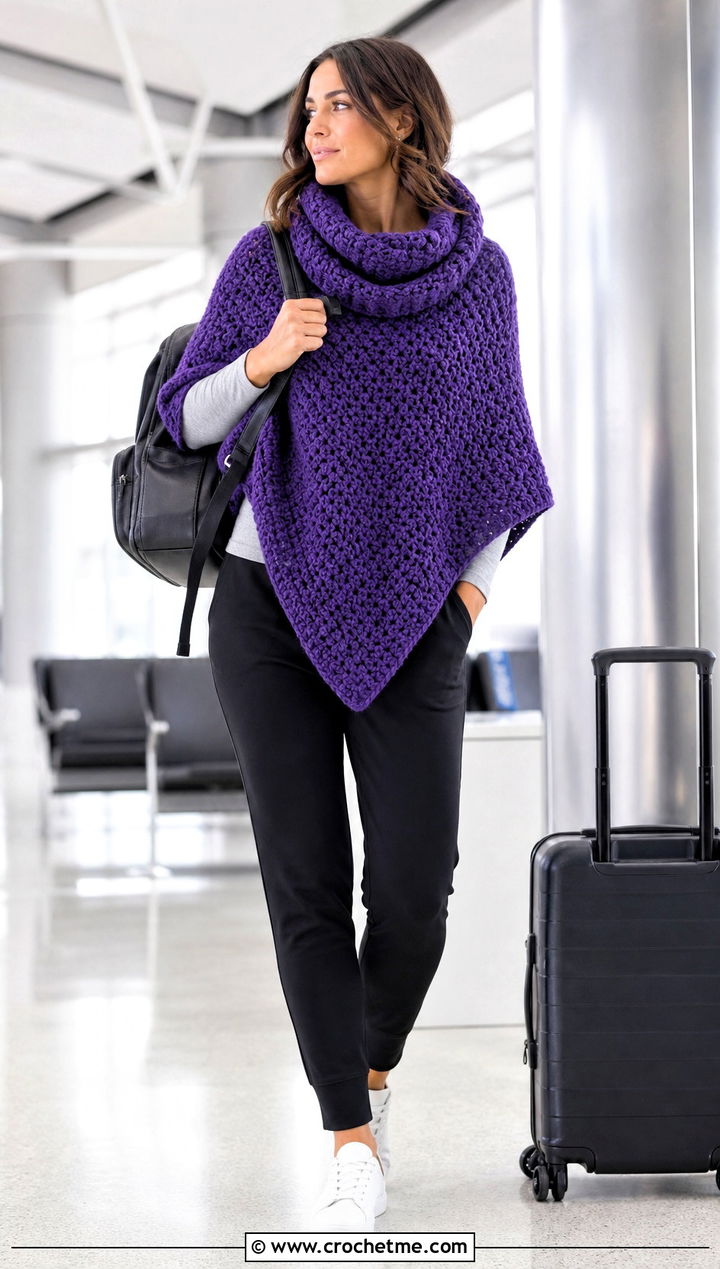 Chunky Cowl Collar Crochet Poncho With Joggers - 25 Crochet Poncho With Collar outfit ideas