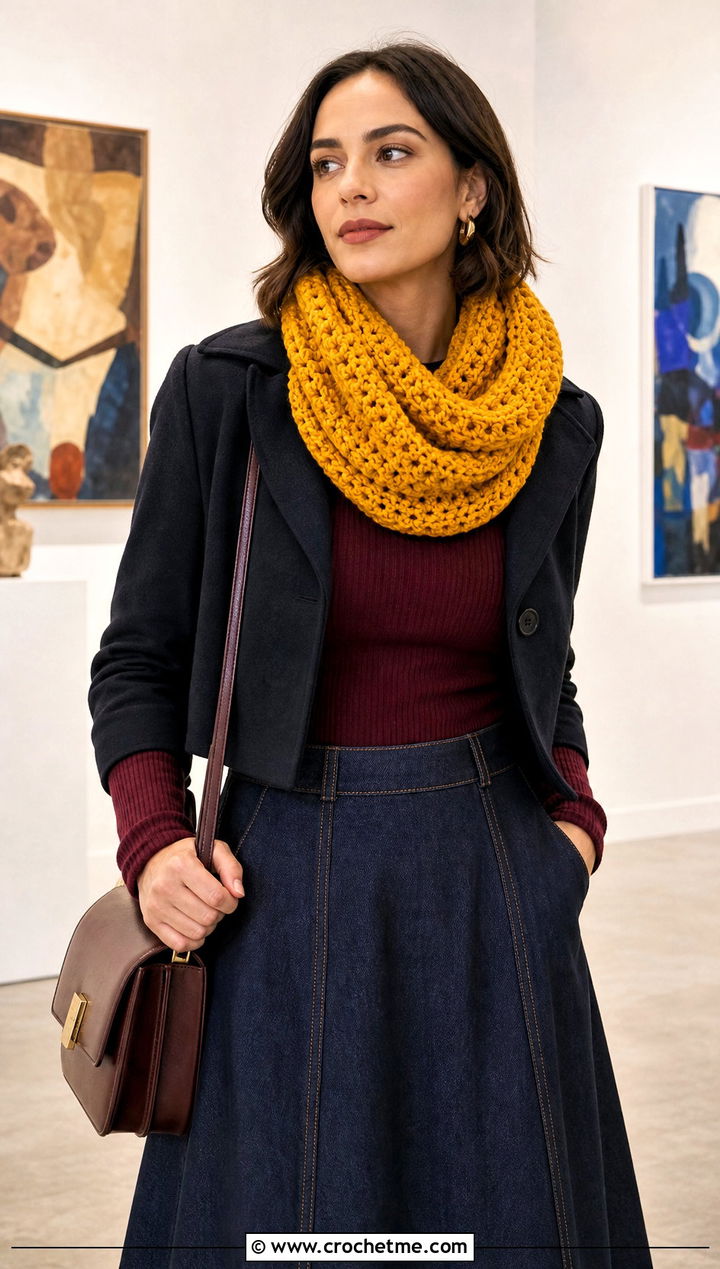 Chunky Cowl Crochet Scarf With Midi Skirt - 25 Chunky Yarn Crochet Scarf outfit ideas