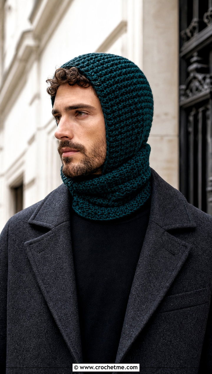 Chunky Cowl Neck Crochet Balaclava With Wool Overcoat - 30 crochet balaclava for men outfit ideas