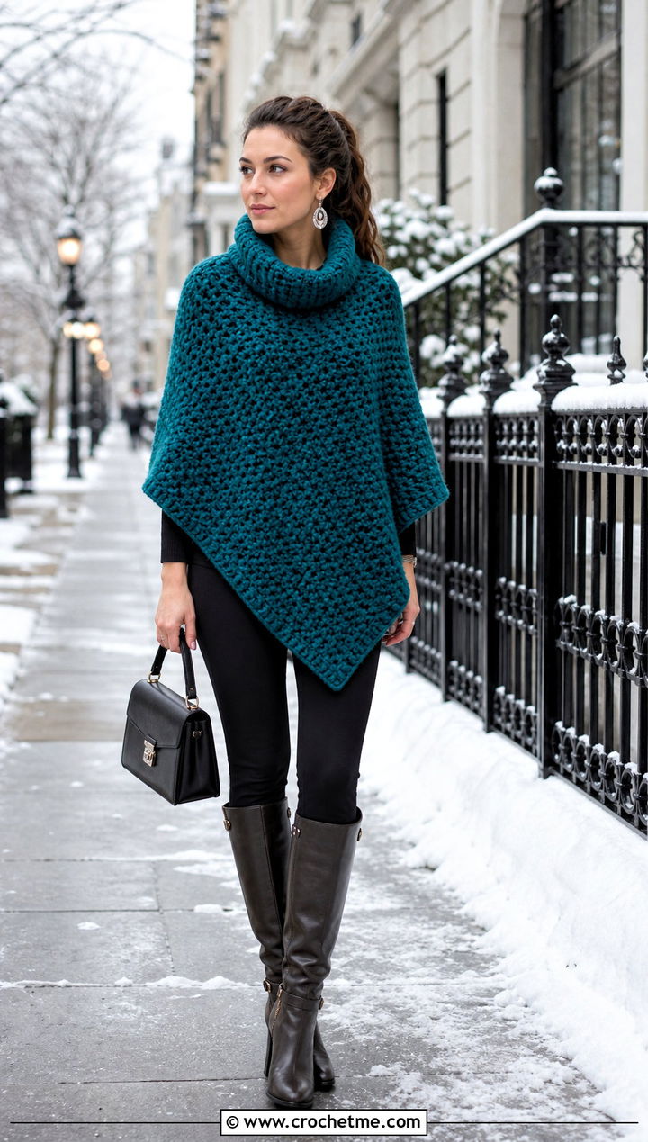 Chunky Cowl Neck Crochet Poncho Sweater With Leggings - 35 crochet poncho sweater outfit ideas