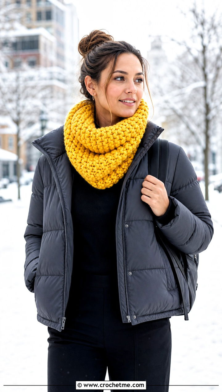 Chunky Cowl Neck Crochet Scarf With Puffer Jacket - 25 Cowl Neck Crochet Scarf outfit ideas