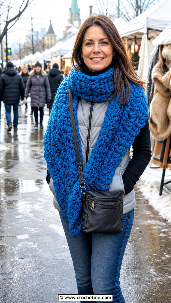 Chunky Crescent Crochet Shawl With Puffer Vest - 25 Crescent Crochet Shawl outfit ideas