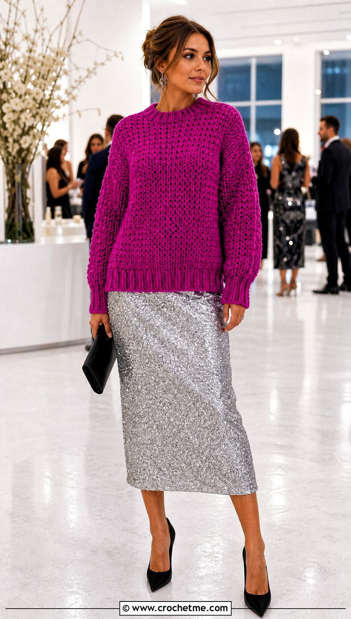 Chunky Crewneck Crochet Oversize Sweater With Sequin Skirt - 20 Crochet Oversize Sweater outfit ideas
