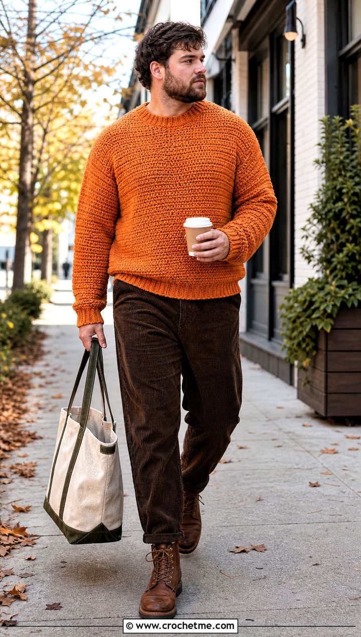 Chunky Crewneck Crochet Sweater With Corduroy Pants - 30 men's crochet sweater outfit ideas