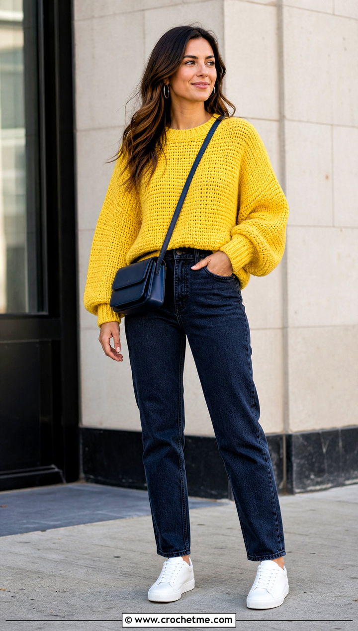 Chunky Crewneck Oversize Crochet Sweater With Straight Leg Jeans - 15 Oversize Crochet Sweater outfit ideas