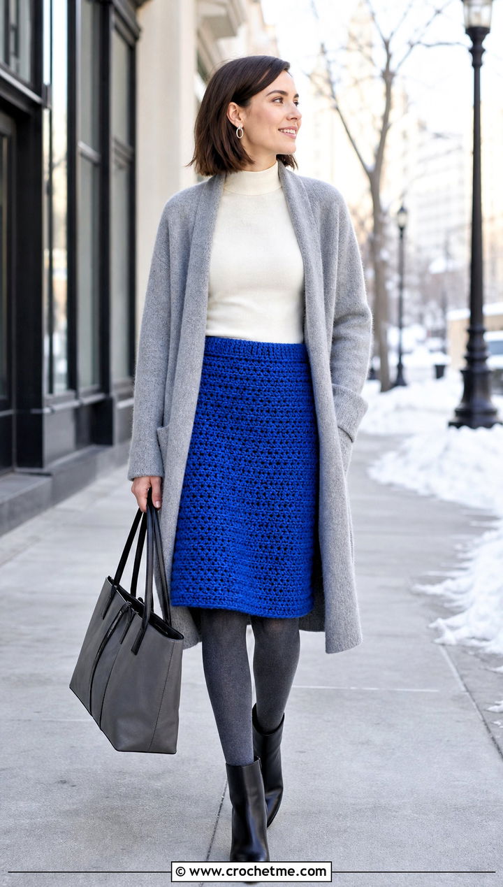 Chunky Crochet A Line Skirt With Sweater Coat - 25 Crochet A Line Skirt outfit ideas