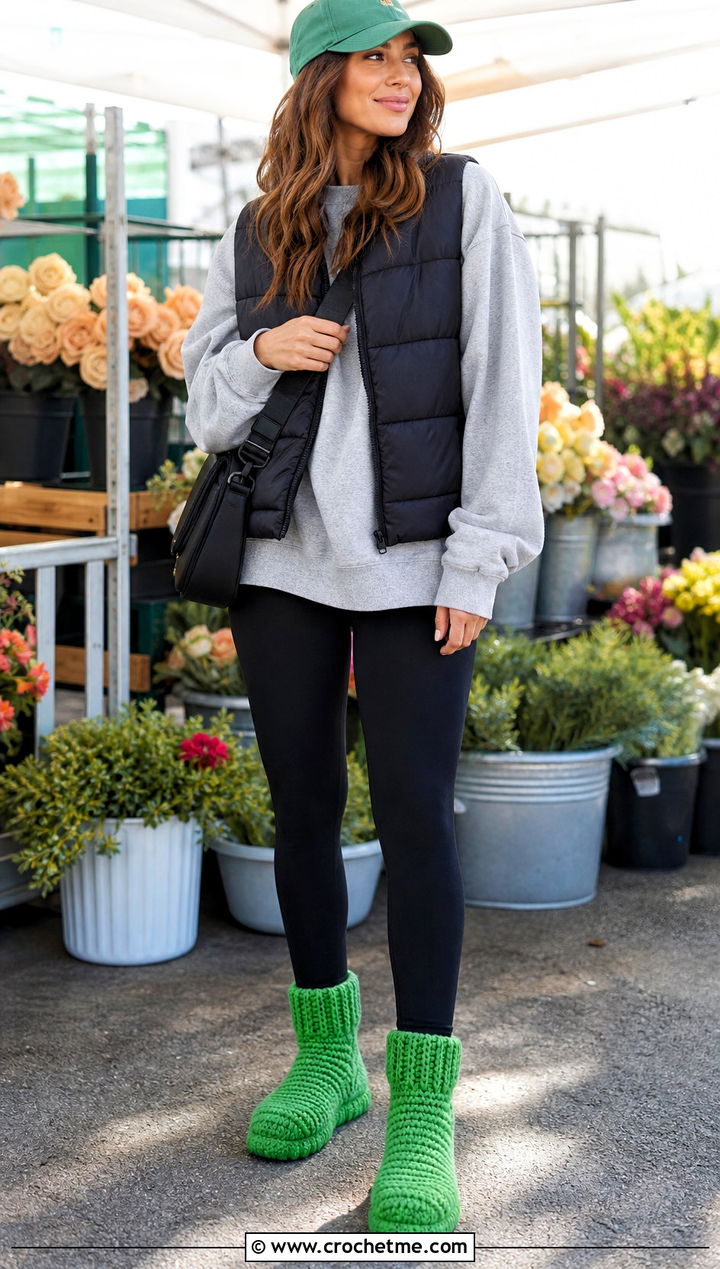Chunky Crochet Ankle Boots With Leggings And A Puffer Vest - 15 Crochet Ankle Boots Women outfit ideas