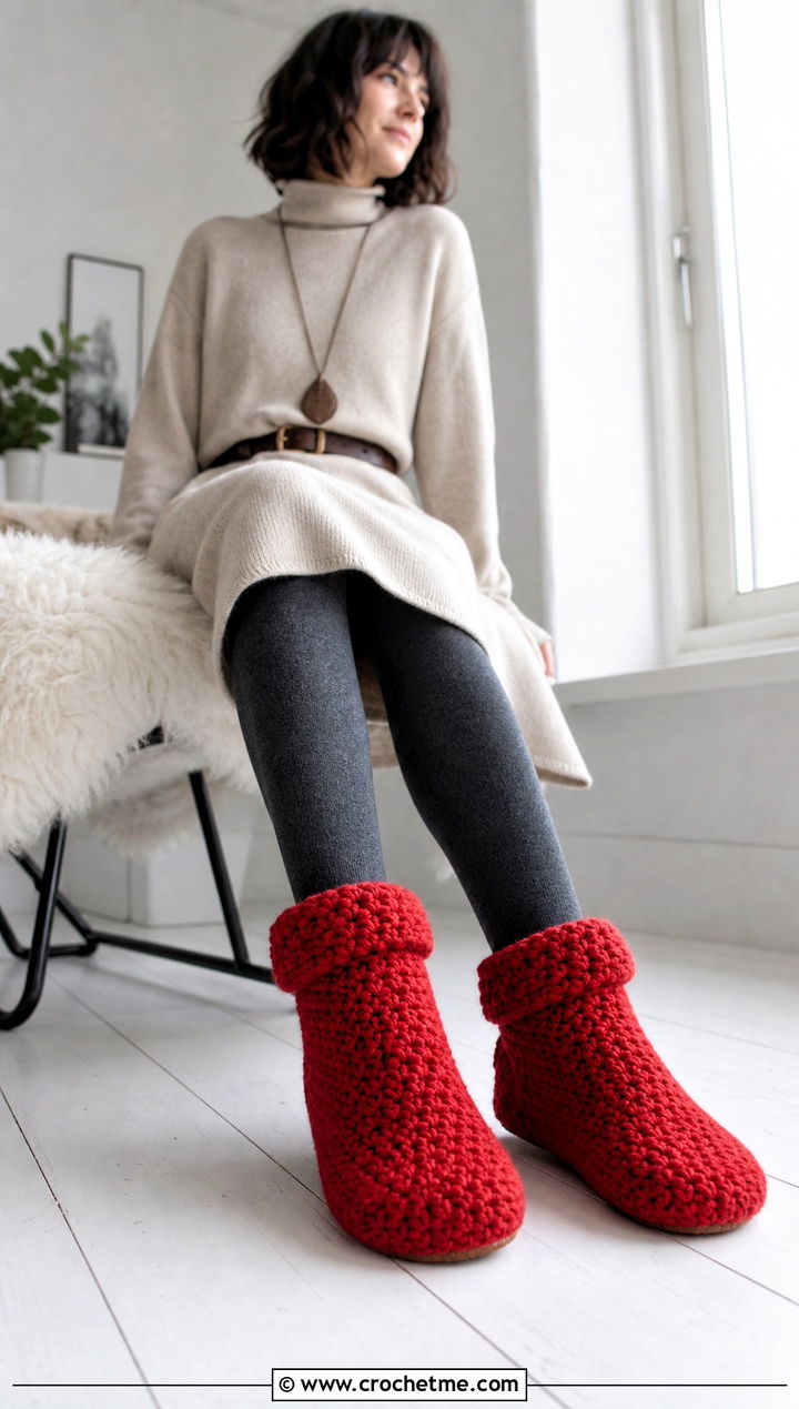 Chunky Crochet Ankle Cuff Slippers With Sweater Dress - 30 chunky crochet slippers outfit ideas
