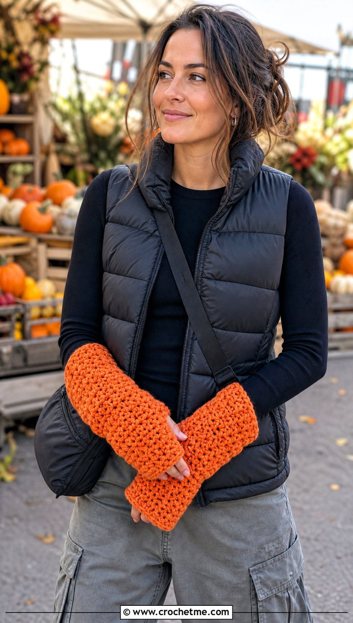 Chunky Crochet Arm Warmers With Puffer Vest - 25 Crochet Arm Warmers Aesthetic outfit ideas