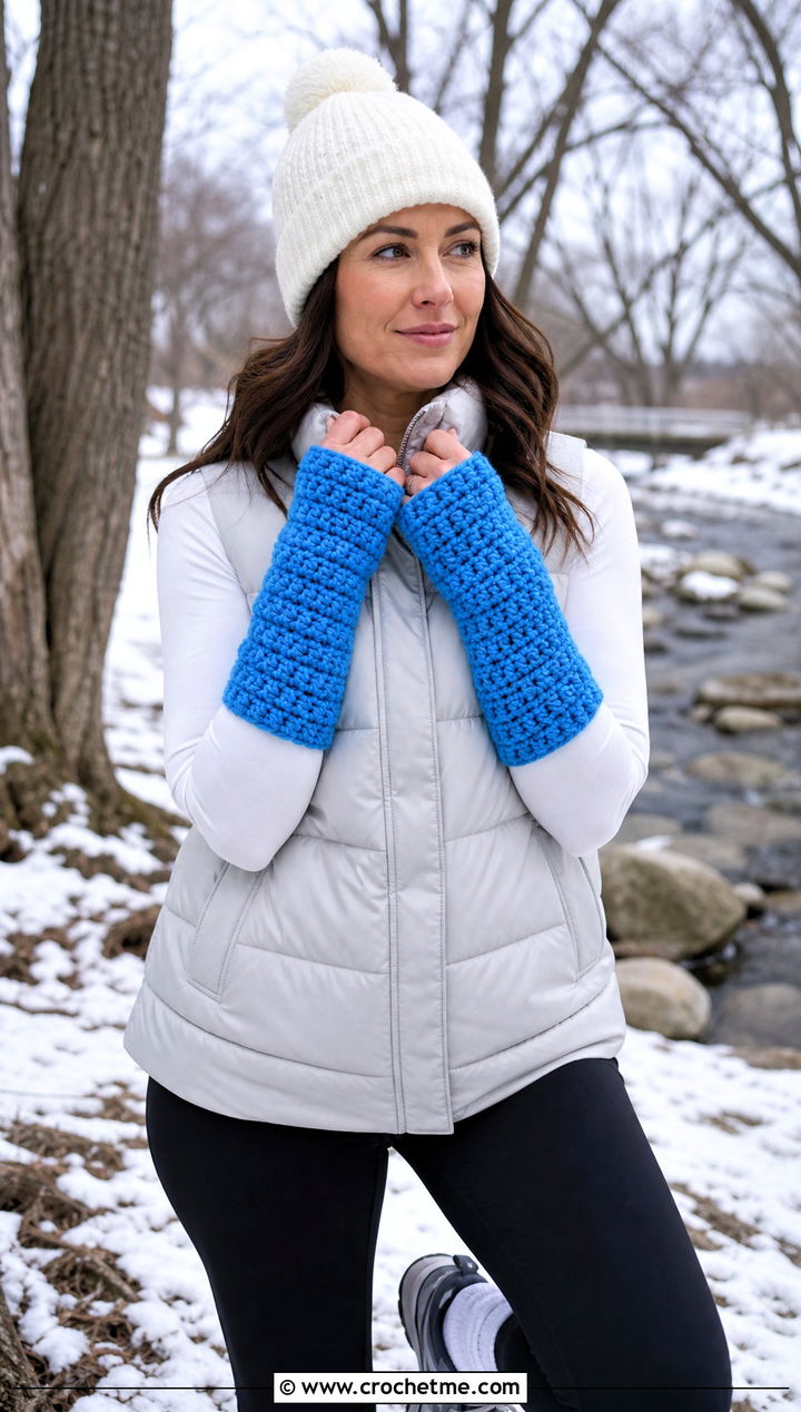 Chunky Crochet Arm Warmers With Puffer Vest And Leggings - 25 Easy Crochet Arm Warmers outfit ideas