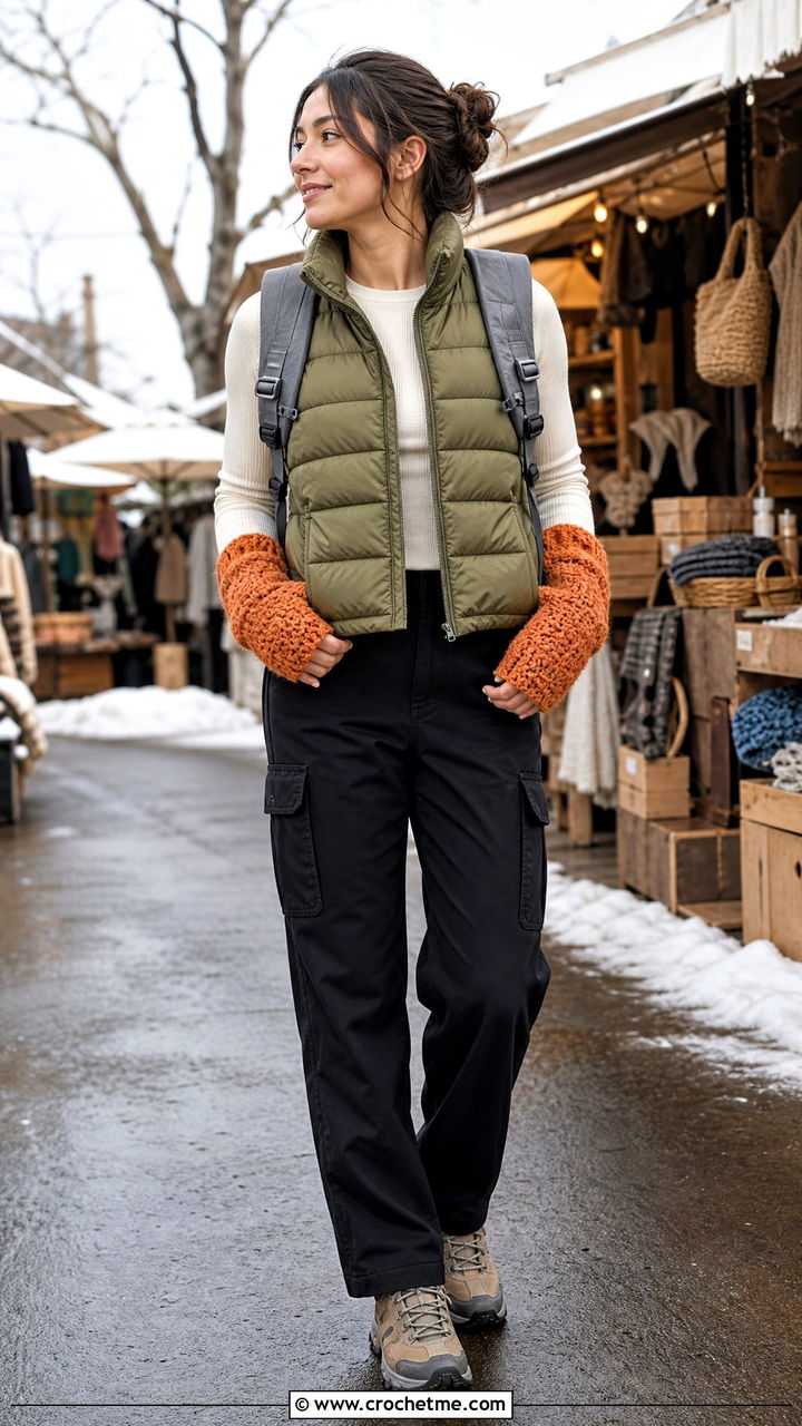 Chunky Crochet Arm Warmers With Puffer Vest - 35 crochet arm warmers outfit ideas