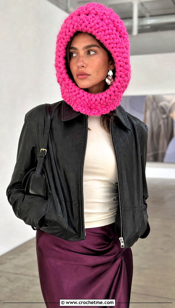 Chunky Crochet Astronaut Hood With Leather Jacket And Maxi Skirt - 15 Crochet Astronaut Hat outfit ideas