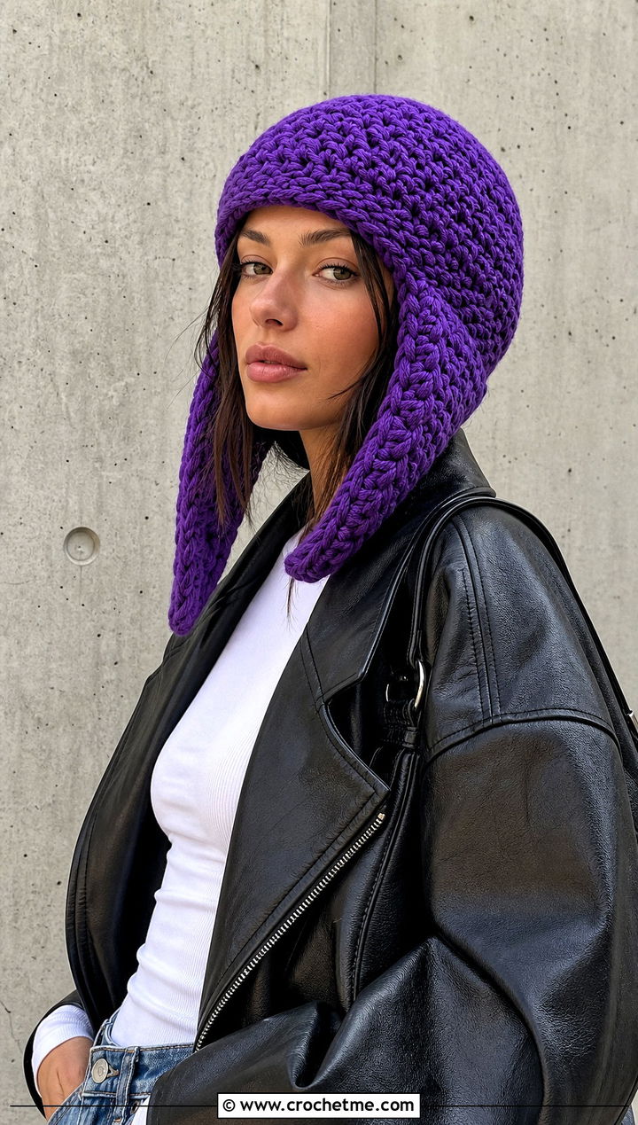 Chunky Crochet Aviator Hat With Leather Jacket - 30 crochet aviator hat outfit ideas