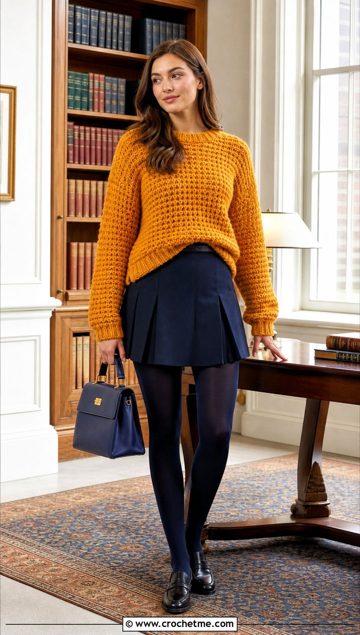 Chunky Crochet Baggy Sweater With Tennis Skirt - 30 crochet baggy sweater outfit ideas