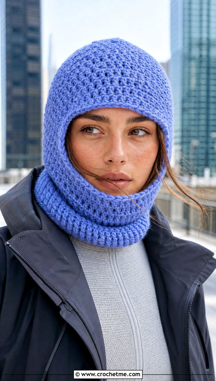 Chunky Crochet Balaclava Hat With Technical Jacket - 30 chunky yarn crochet hat outfit ideas