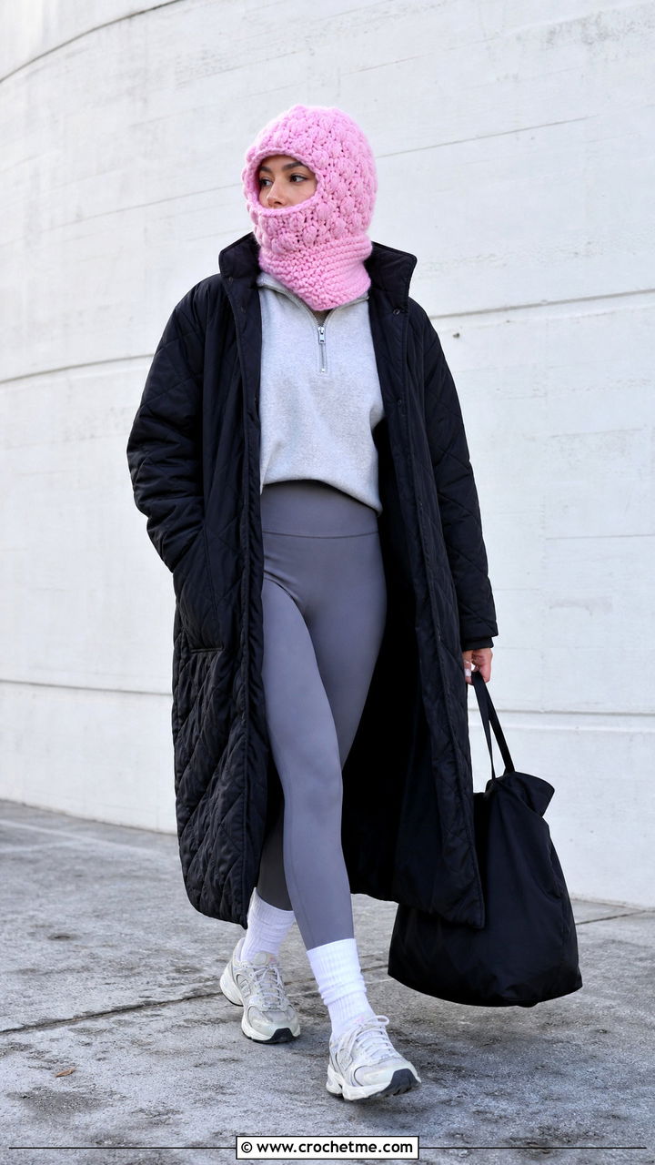 Chunky Crochet Balaclava With Leggings - 35 crochet baclava hat outfit ideas