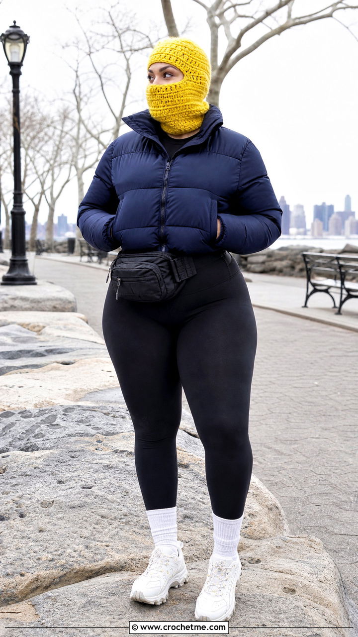 Chunky Crochet Balaclava With Puffer Jacket And Leggings - 35 crochet balaclava outfit ideas