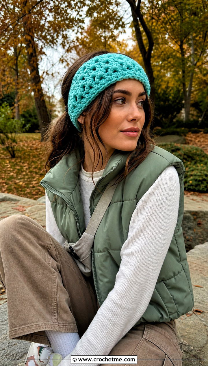 Chunky Crochet Bandana Headband With Puffer Vest - 25 Crochet Bandana Headband outfit ideas