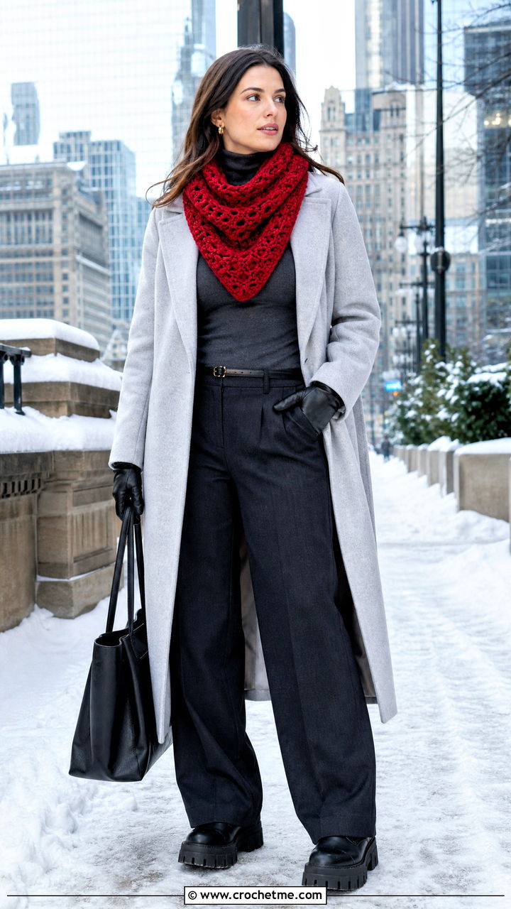 Chunky Crochet Bandana Scarf With Wool Coat - 35 crochet bandana scarf outfit ideas