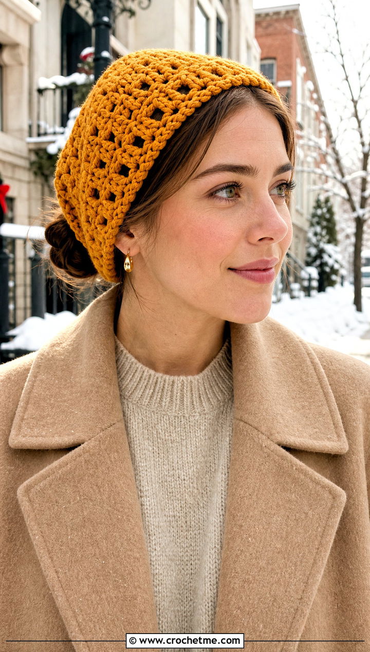 Chunky Crochet Bandana With Sweater And Corduroy Pants - 25 crochet bandana hair scarf outfit ideas