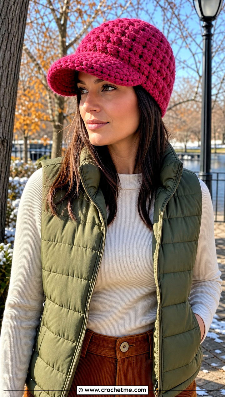 Chunky Crochet Baseball Cap With Puffer Vest - 15 crochet baseball cap for adults outfit ideas
