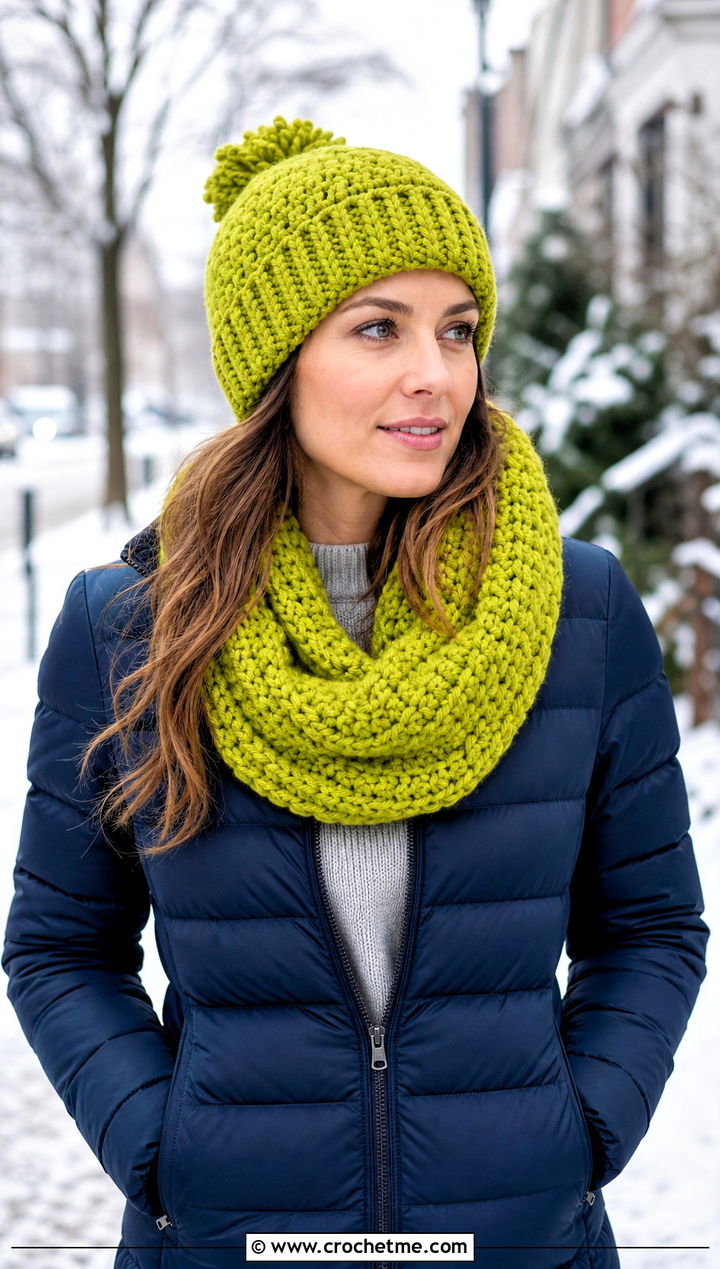 Chunky Crochet Beanie And Infinity Scarf Set With Puffer Jacket - 30 crochet beanie and scarf set outfit ideas