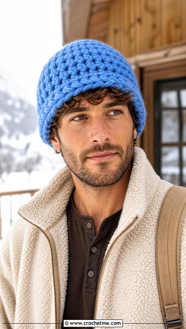 Chunky Crochet Beanie With Fleece Jacket - 25 Crochet Mens Winter Hat outfit ideas