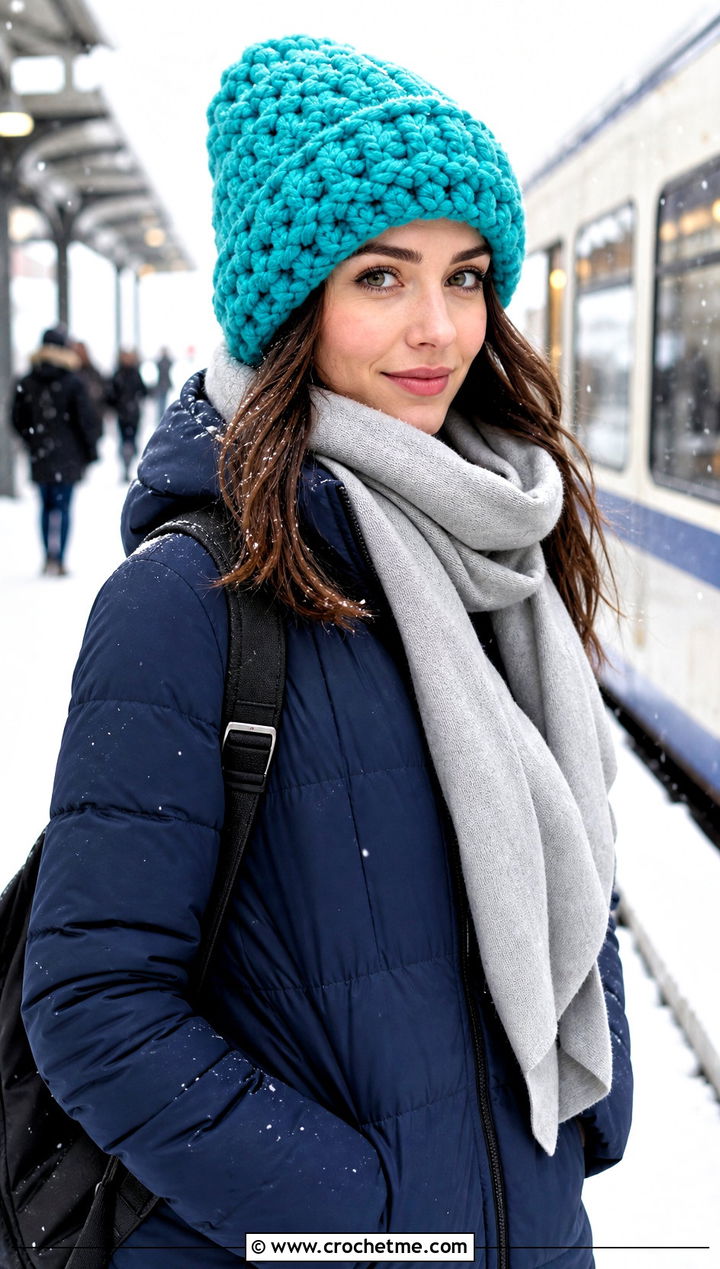 Chunky Crochet Beanie With Oversized Scarf - 30 winter crochet beanie outfit ideas
