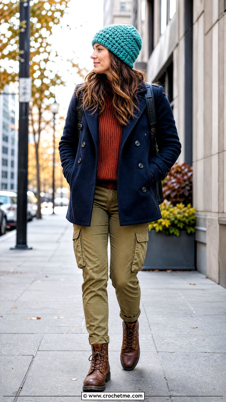Chunky Crochet Beanie With Peacoat And Cargo Pants - 35 crochet fall clothes and outfit ideas