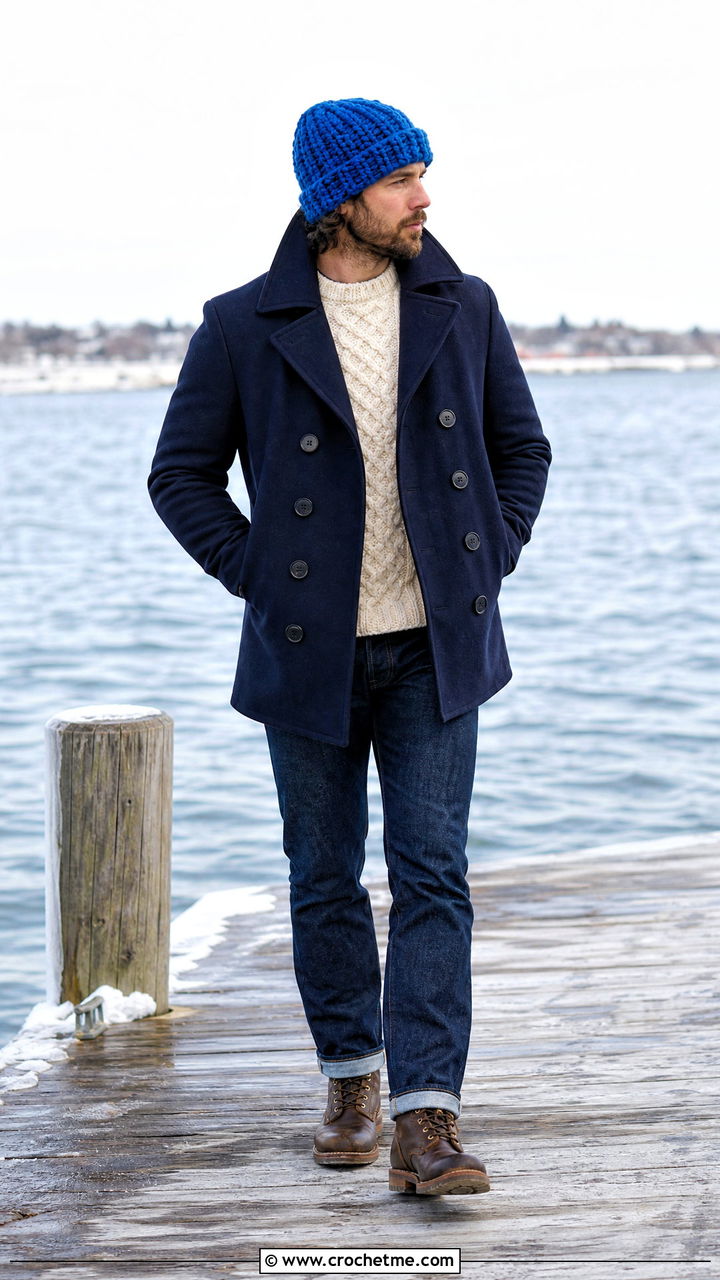 Chunky Crochet Beanie With Peacoat And Raw Denim - 35 crochet beanie for men outfit ideas
