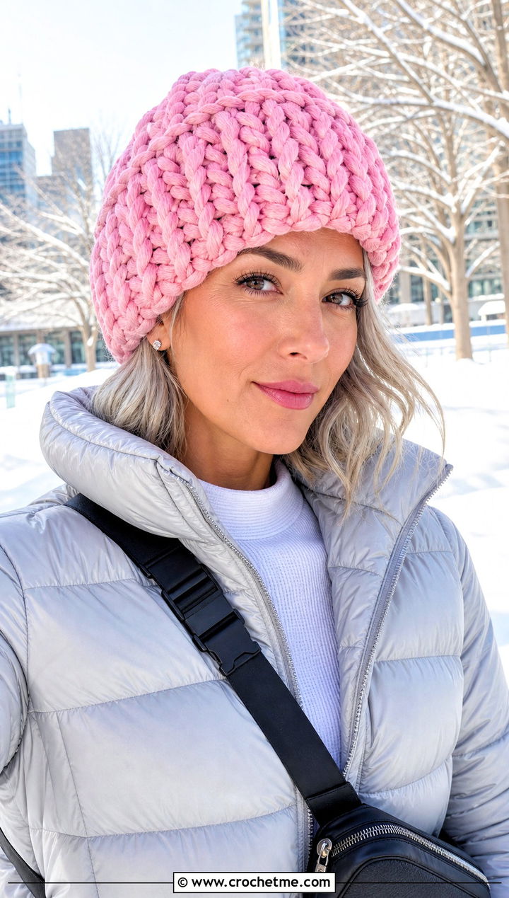 Chunky Crochet Beanie With Puffer Coat - 15 Easy Crochet Projects Beanie outfit ideas